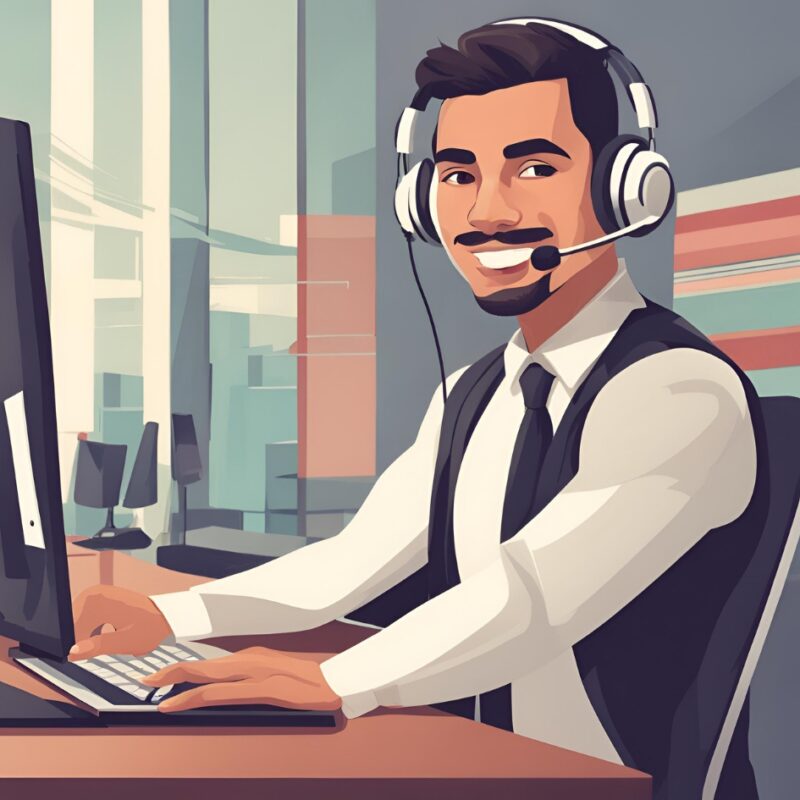 Professional Call Center Agent Smiling While Working At His Computer With A Headset On Providing Customer Service Support.